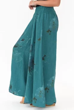 Pants<Donna Donna Rumi Teal Floral Wide Leg Linen Pant