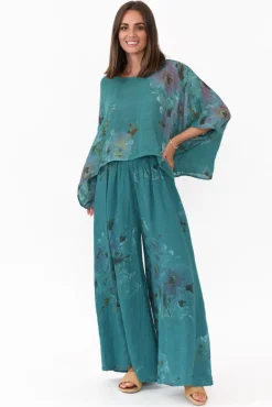 Pants<Donna Donna Rumi Teal Floral Wide Leg Linen Pant