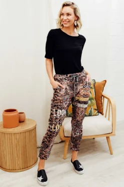 Pants<La Strada Russo Beige Abstract Drawstring Pant