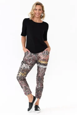 Pants<La Strada Russo Beige Abstract Drawstring Pant