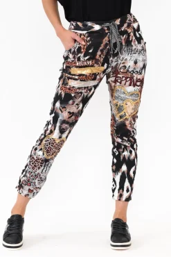 Pants<La Strada Russo Black Animal Drawstring Pant