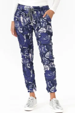 Pants<La Strada Russo Blue Floral Drawstring Pant