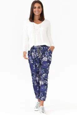 Pants<La Strada Russo Blue Floral Drawstring Pant