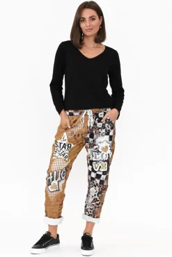 Pants<La Strada Russo Tan Abstract Drawstring Pant