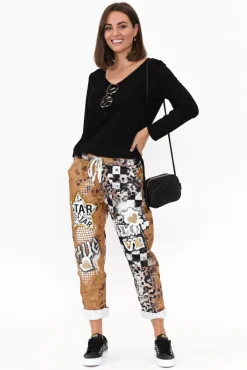 Pants<La Strada Russo Tan Abstract Drawstring Pant