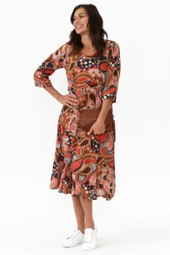 Cotton Dresses<Willow Tree Rutherford Rust Abstract Midi Dress