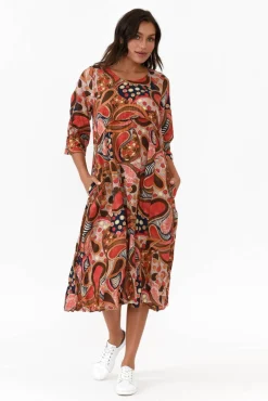 Cotton Dresses<Willow Tree Rutherford Rust Abstract Midi Dress