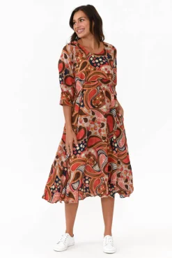 Cotton Dresses<Willow Tree Rutherford Rust Abstract Midi Dress