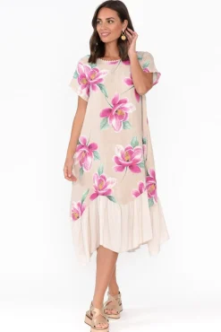 Linen Dresses<Fabuler Ryker Beige Floral Linen Pocket Dress