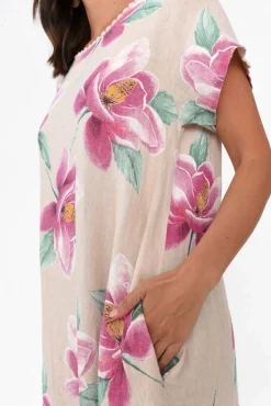 Linen Dresses<Fabuler Ryker Beige Floral Linen Pocket Dress