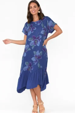 Linen Dresses<Fabuler Ryker Cobalt Floral Linen Pocket Dress