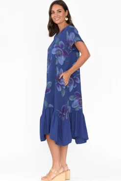 Linen Dresses<Fabuler Ryker Cobalt Floral Linen Pocket Dress
