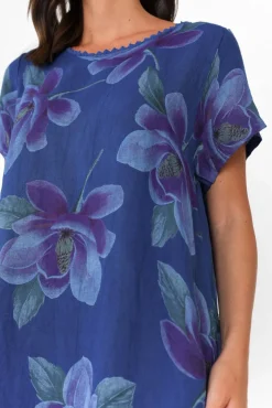 Linen Dresses<Fabuler Ryker Cobalt Floral Linen Pocket Dress