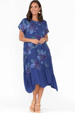 Linen Dresses<Fabuler Ryker Cobalt Floral Linen Pocket Dress