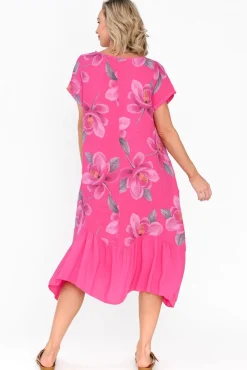 Linen Dresses<Fabuler Ryker Hot Pink Floral Linen Pocket Dress