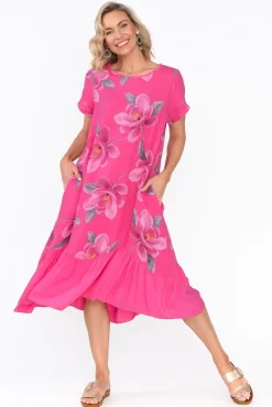 Linen Dresses<Fabuler Ryker Hot Pink Floral Linen Pocket Dress