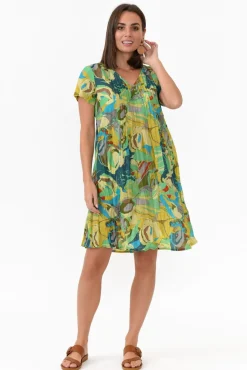 Above Knee Dresses<One Summer Sabina Green Poppy Crinkle Cotton Dress