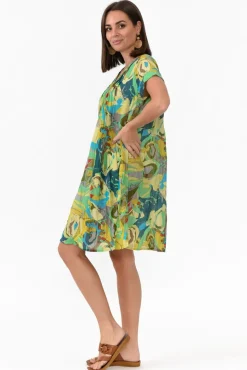 Above Knee Dresses<One Summer Sabina Green Poppy Crinkle Cotton Dress