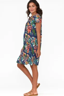 Cotton Dresses<One Summer Sabina Navy Leaf Crinkle Cotton Dress