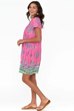 Cotton Dresses<One Summer Sabina Pink Geo Crinkle Cotton Dress