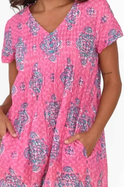 Cotton Dresses<One Summer Sabina Pink Geo Crinkle Cotton Dress