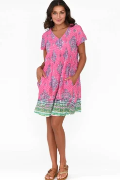 Cotton Dresses<One Summer Sabina Pink Geo Crinkle Cotton Dress
