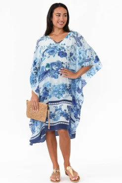 Below Knee Dresses<Inoa Sally Blue Floral Silk Kaftan