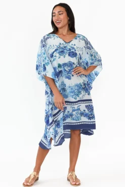 Below Knee Dresses<Inoa Sally Blue Floral Silk Kaftan