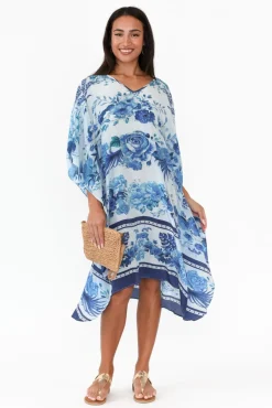 Below Knee Dresses<Inoa Sally Blue Floral Silk Kaftan