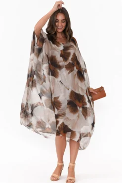 Below Knee Dresses<Italian Closet Santiago Brown Garden Silk Layer Dress