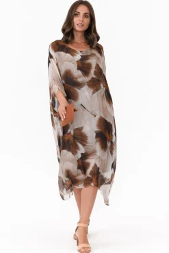 Below Knee Dresses<Italian Closet Santiago Brown Garden Silk Layer Dress