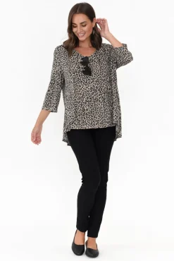 Sleeved Tops<Cotton Village Sarina Brown Leopard Hi Lo Top