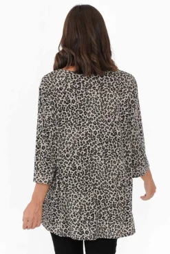 Sleeved Tops<Cotton Village Sarina Brown Leopard Hi Lo Top