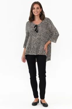 Sleeved Tops<Cotton Village Sarina Brown Leopard Hi Lo Top