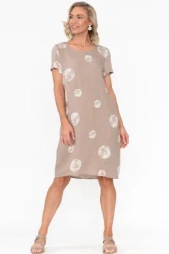 Linen Dresses<Cali and Co Sawyer Beige Spot Linen Pocket Dress