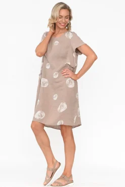 Linen Dresses<Cali and Co Sawyer Beige Spot Linen Pocket Dress