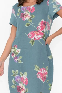 Linen Dresses<Cali and Co Sawyer Blue Flower Linen Pocket Dress