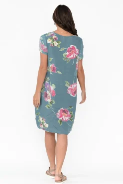 Linen Dresses<Cali and Co Sawyer Blue Flower Linen Pocket Dress