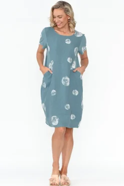 Linen Dresses<Cali and Co Sawyer Blue Spot Linen Pocket Dress