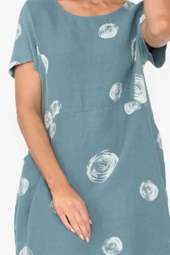 Linen Dresses<Cali and Co Sawyer Blue Spot Linen Pocket Dress