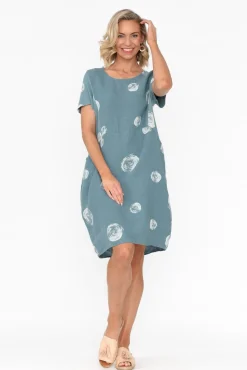 Linen Dresses<Cali and Co Sawyer Blue Spot Linen Pocket Dress