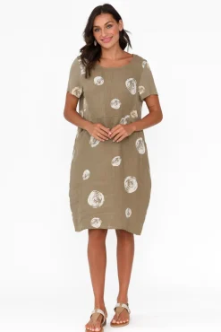 Linen Dresses<Cali and Co Sawyer Khaki Spot Linen Pocket Dress