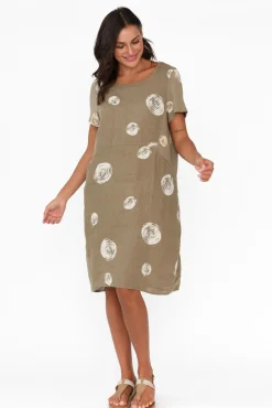 Linen Dresses<Cali and Co Sawyer Khaki Spot Linen Pocket Dress