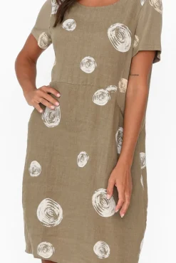 Linen Dresses<Cali and Co Sawyer Khaki Spot Linen Pocket Dress