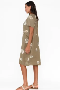 Linen Dresses<Cali and Co Sawyer Khaki Spot Linen Pocket Dress