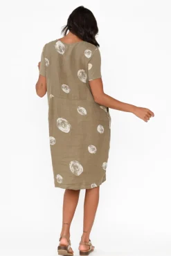 Linen Dresses<Cali and Co Sawyer Khaki Spot Linen Pocket Dress