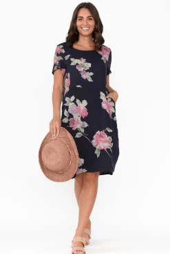 Linen Dresses<Cali and Co Sawyer Navy Flower Linen Pocket Dress
