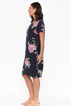 Linen Dresses<Cali and Co Sawyer Navy Flower Linen Pocket Dress