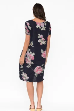 Linen Dresses<Cali and Co Sawyer Navy Flower Linen Pocket Dress