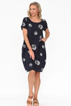 Linen Dresses<Cali and Co Sawyer Navy Spot Linen Pocket Dress